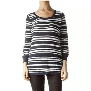 Eddie Bauer: Navy Blue White Striped Stretch Sweater